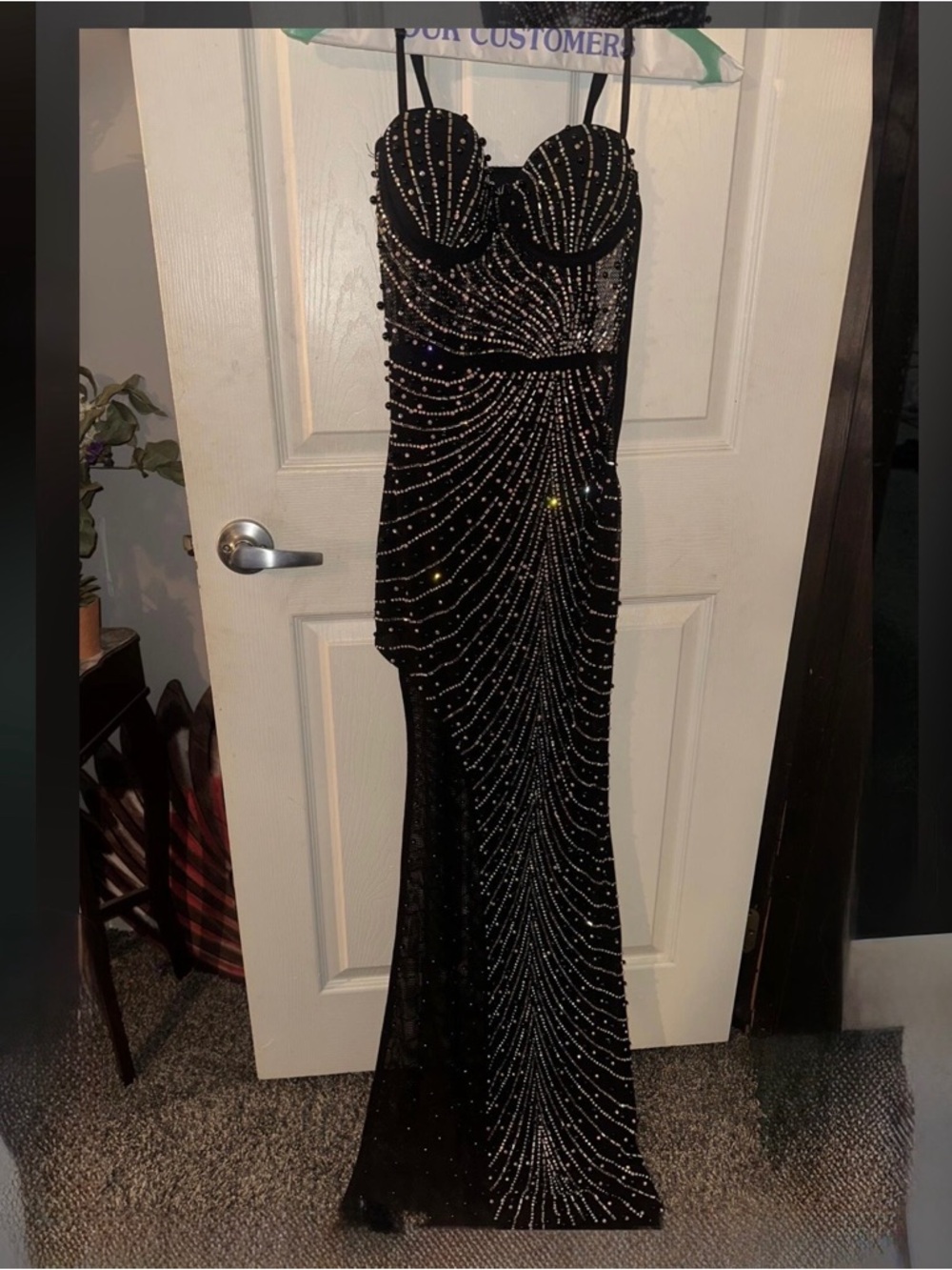 Prom Black Beaded Evening Gown with Bustier Straps